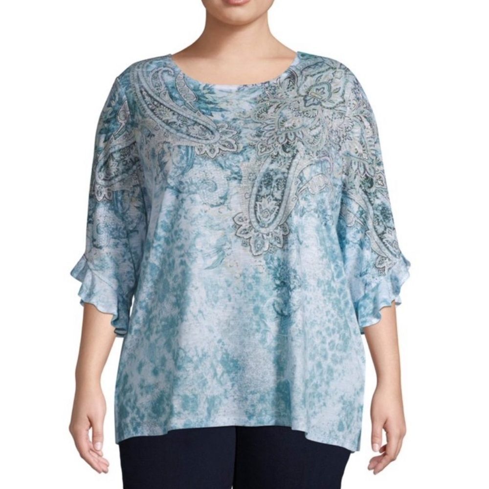 Time & Tru Sublimation Ruffle Sequin Top XL
